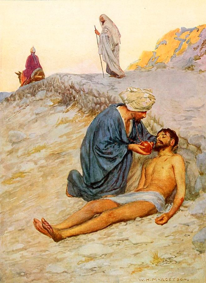 A depiction of The Good Samaritan parable from Luke chapter 10.